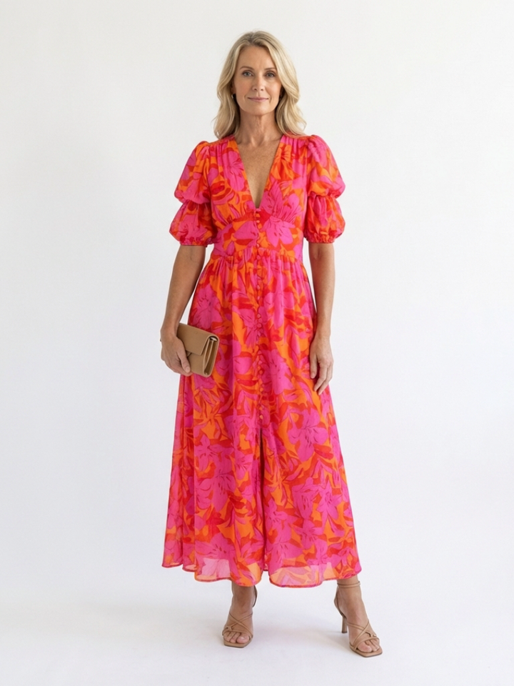 Willow | Abito Midi con Maniche a Palloncino e Collo a V Floreale
