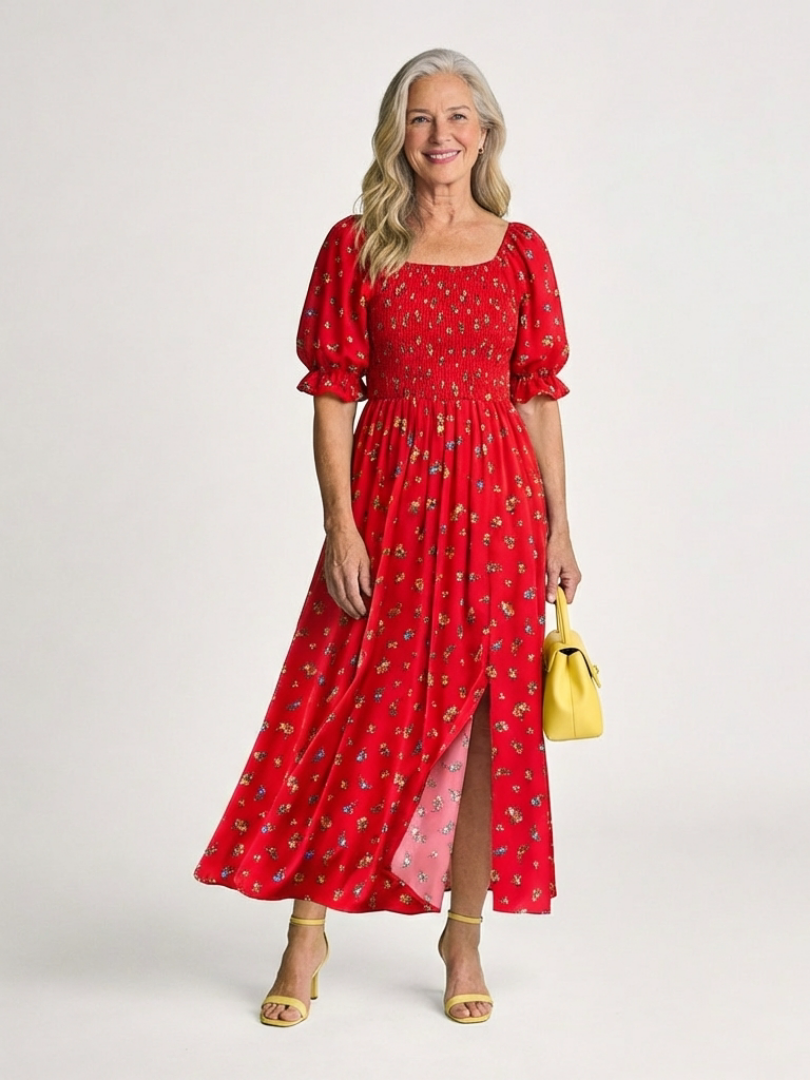 Delphine | Vestito Midi con Maniche A Sbuffo e Scollatura Quadrata a Fiori
