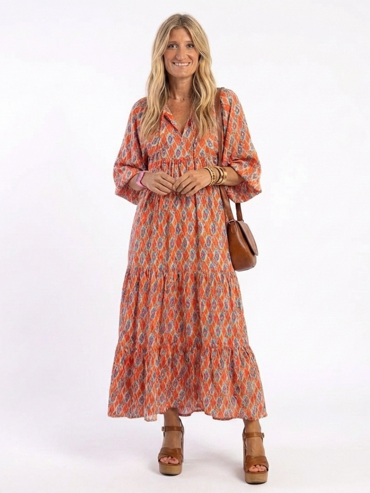 Amara | Abito Midi con Stampa Geometrica e Collo a V