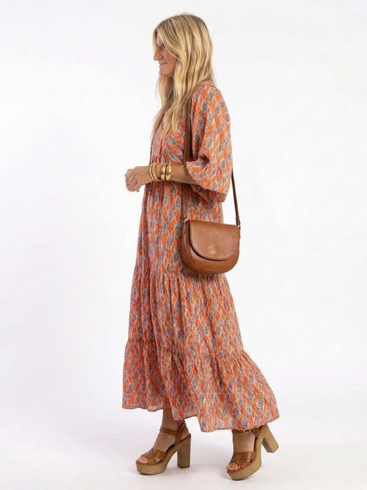 Amara | Abito Midi con Stampa Geometrica e Collo a V