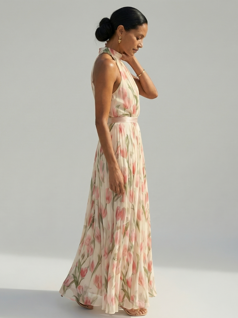 Aurelle | Abito Midi con Collo Halter a Fiori
