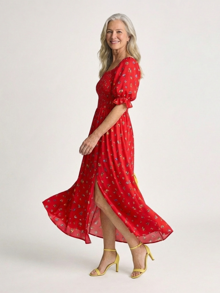 Delphine | Vestito Midi con Maniche A Sbuffo e Scollatura Quadrata a Fiori