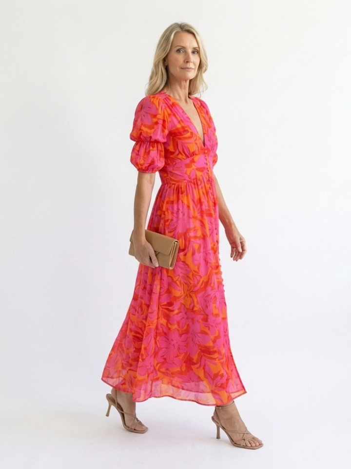 Willow | Abito Midi con Maniche a Palloncino e Collo a V Floreale