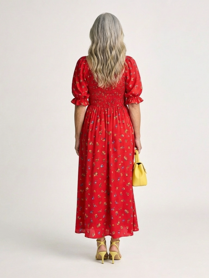 Delphine | Vestito Midi con Maniche A Sbuffo e Scollatura Quadrata a Fiori