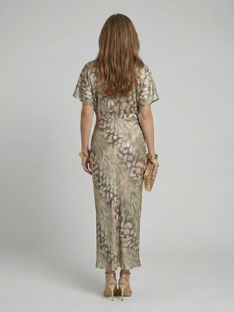Coralie | Abito Midi con Stampa Astratta e Scollo a V con Vita Torcigliata