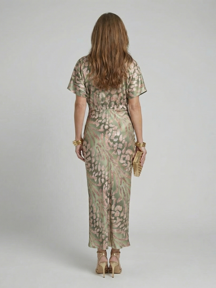Coralie | Abito Midi con Stampa Astratta e Scollo a V con Vita Torcigliata