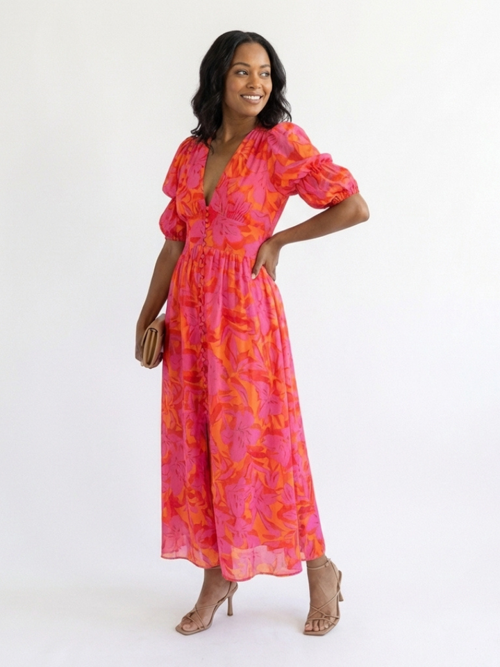 Willow | Abito Midi con Maniche a Palloncino e Collo a V Floreale