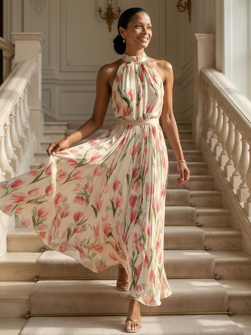 Aurelle | Abito Midi con Collo Halter a Fiori