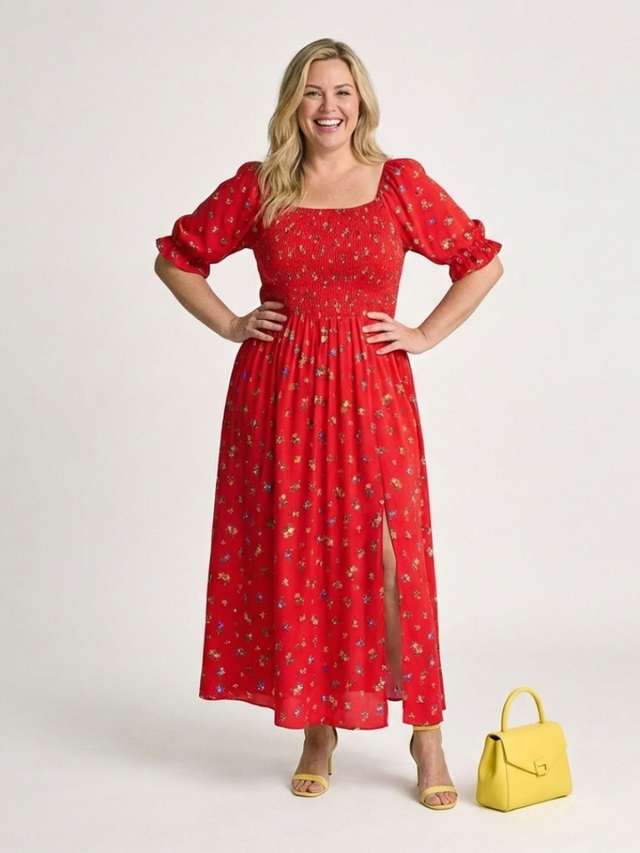 Delphine | Vestito Midi con Maniche A Sbuffo e Scollatura Quadrata a Fiori