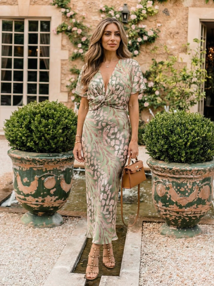 Coralie | Abito Midi con Stampa Astratta e Scollo a V con Vita Torcigliata