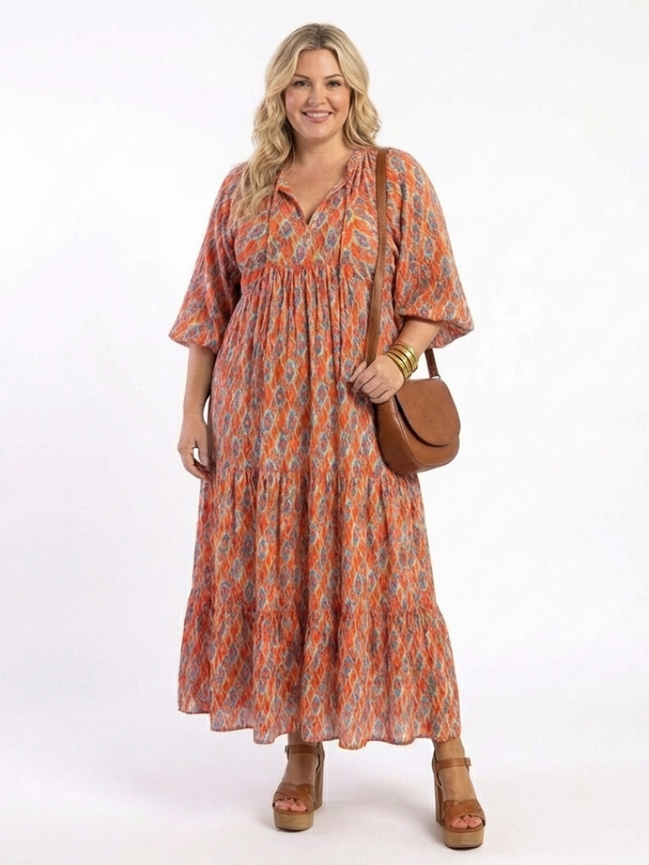 Amara | Abito Midi con Stampa Geometrica e Collo a V