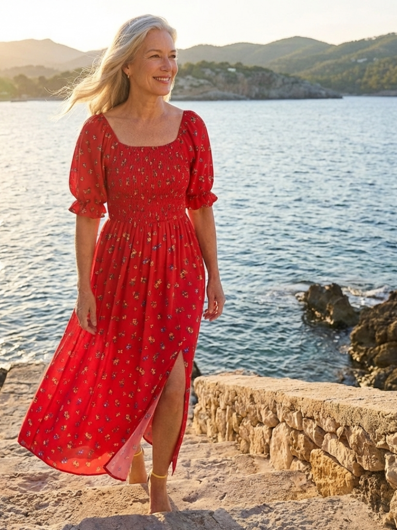 Delphine | Vestito Midi con Maniche A Sbuffo e Scollatura Quadrata a Fiori
