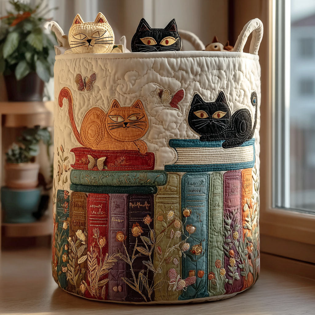 Gatto e Libri | Cesto portaoggetti trapuntato
