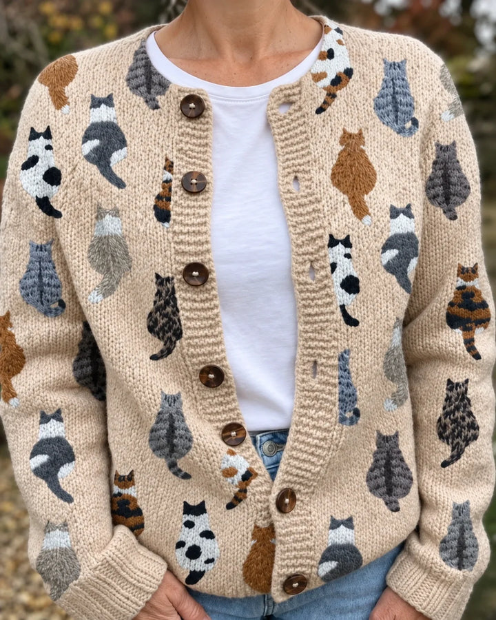Charlotte | Cardigan in maglia morbida con bottoni e stampa di gatto