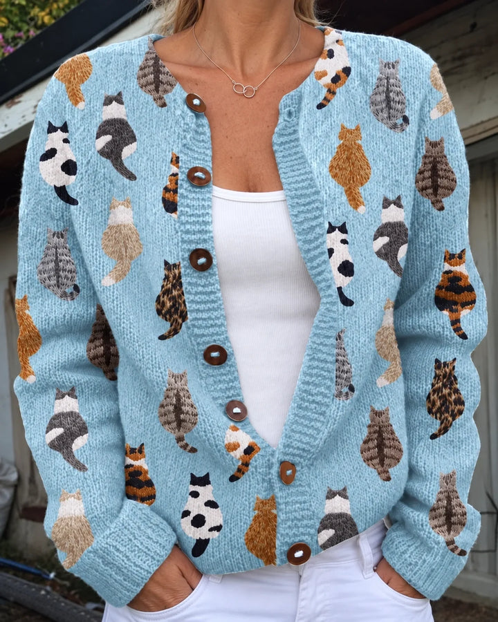 Charlotte | Cardigan in maglia morbida con bottoni e stampa di gatto