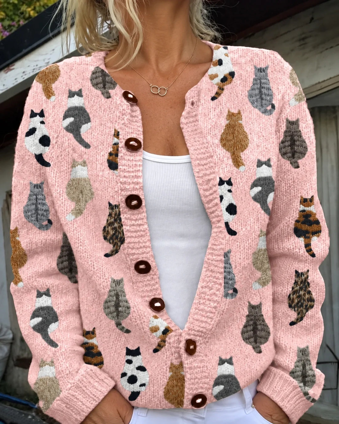 Charlotte | Cardigan in maglia morbida con bottoni e stampa di gatto