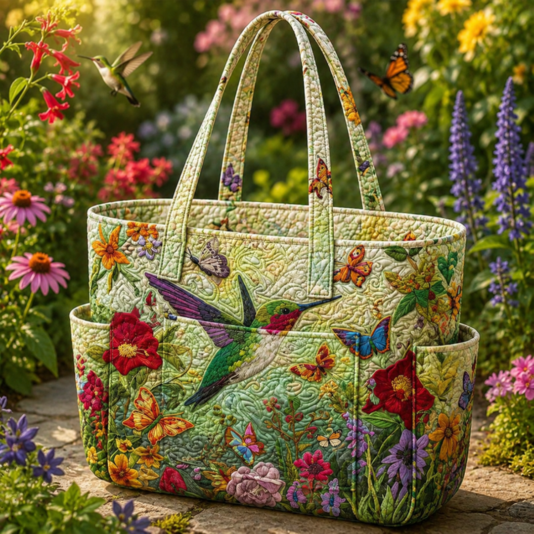 Borsa a spalla trapuntata con colibrì floreali