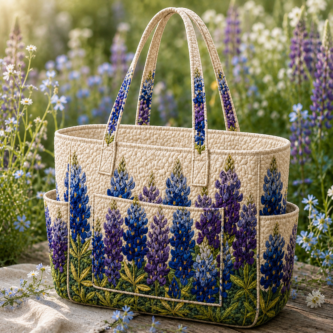 Borsa tote trapuntata con fiori blu