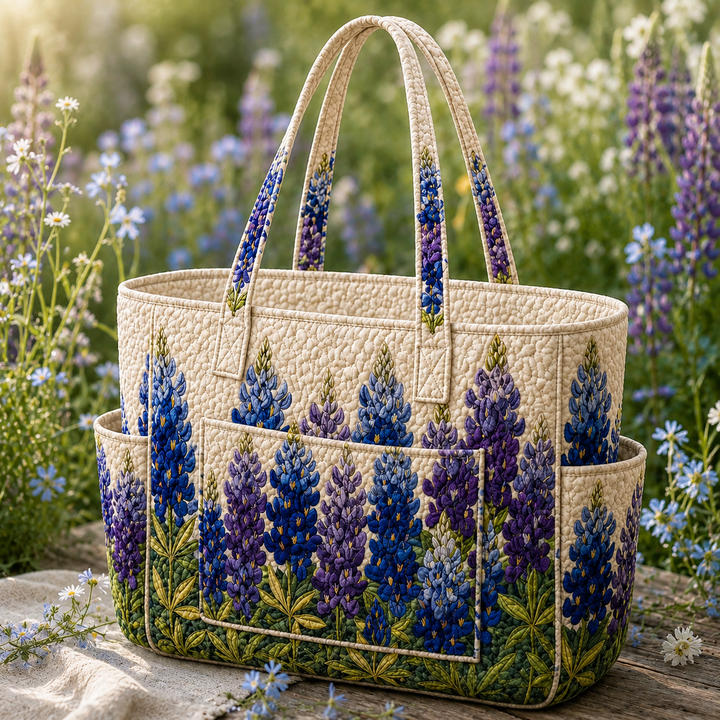 Borsa tote trapuntata con fiori blu