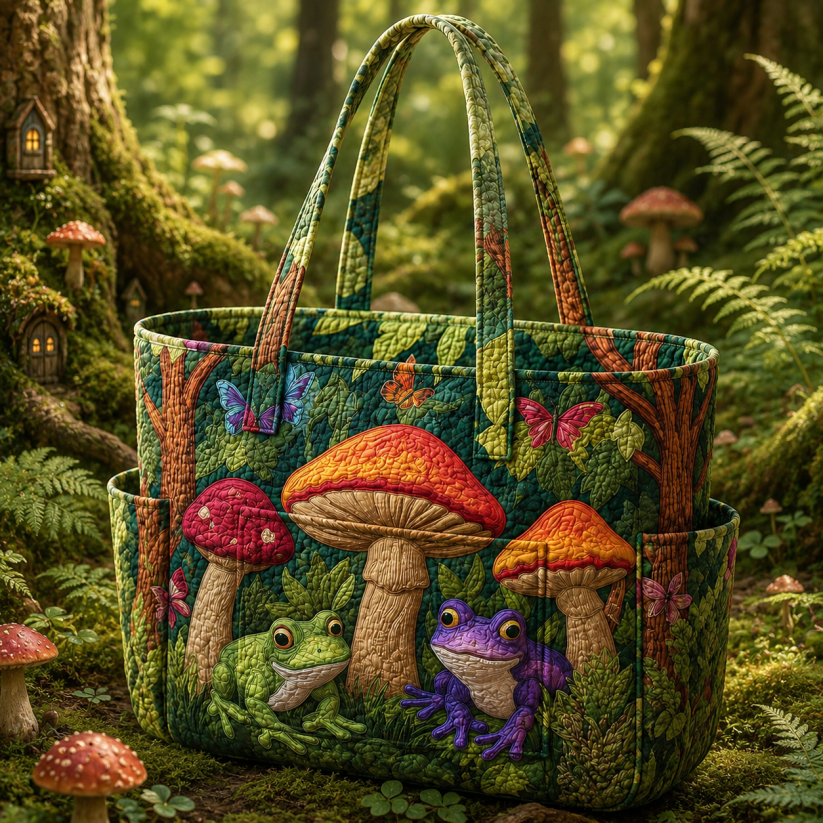 Borsa a spalla trapuntata con stampa di funghi