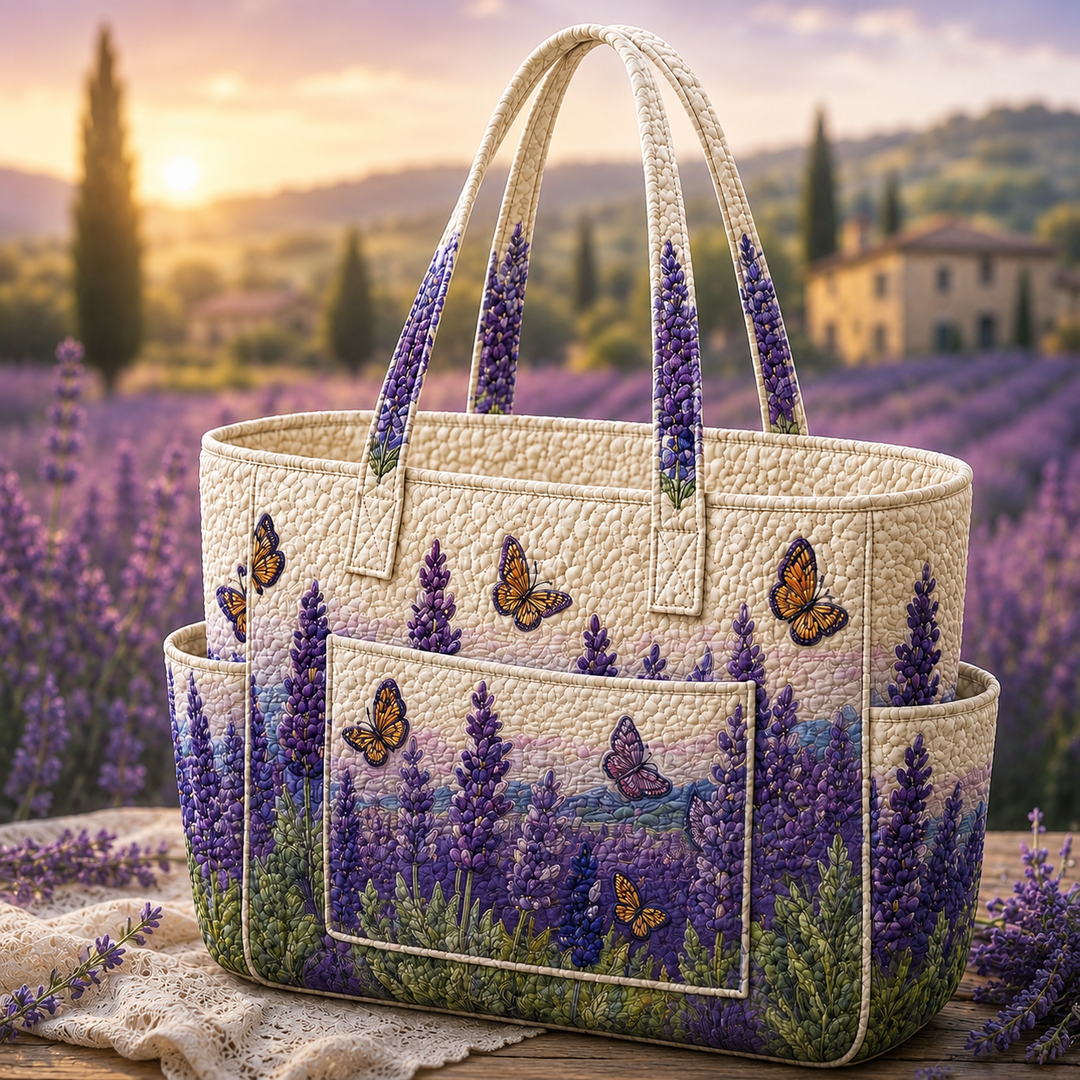 Borsa a spalla trapuntata con lavanda e farfalle