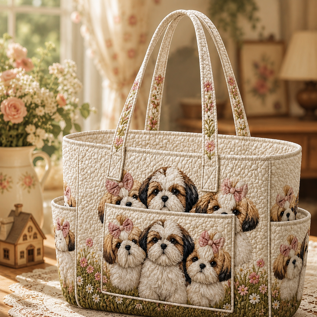 Borsa tote trapuntata con shih tzu gioioso