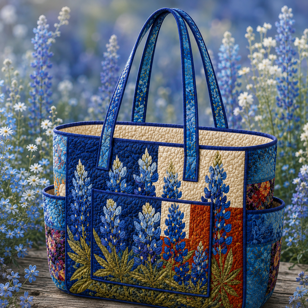 Borsa a spalla trapuntata con fiori blu
