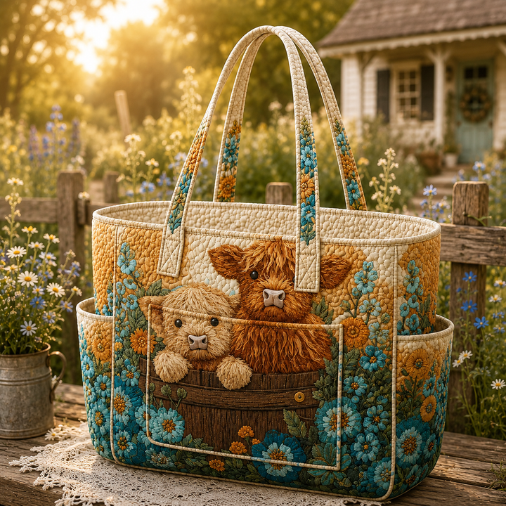 Borsa a spalla trapuntata con stampa di mucca delle Highlands