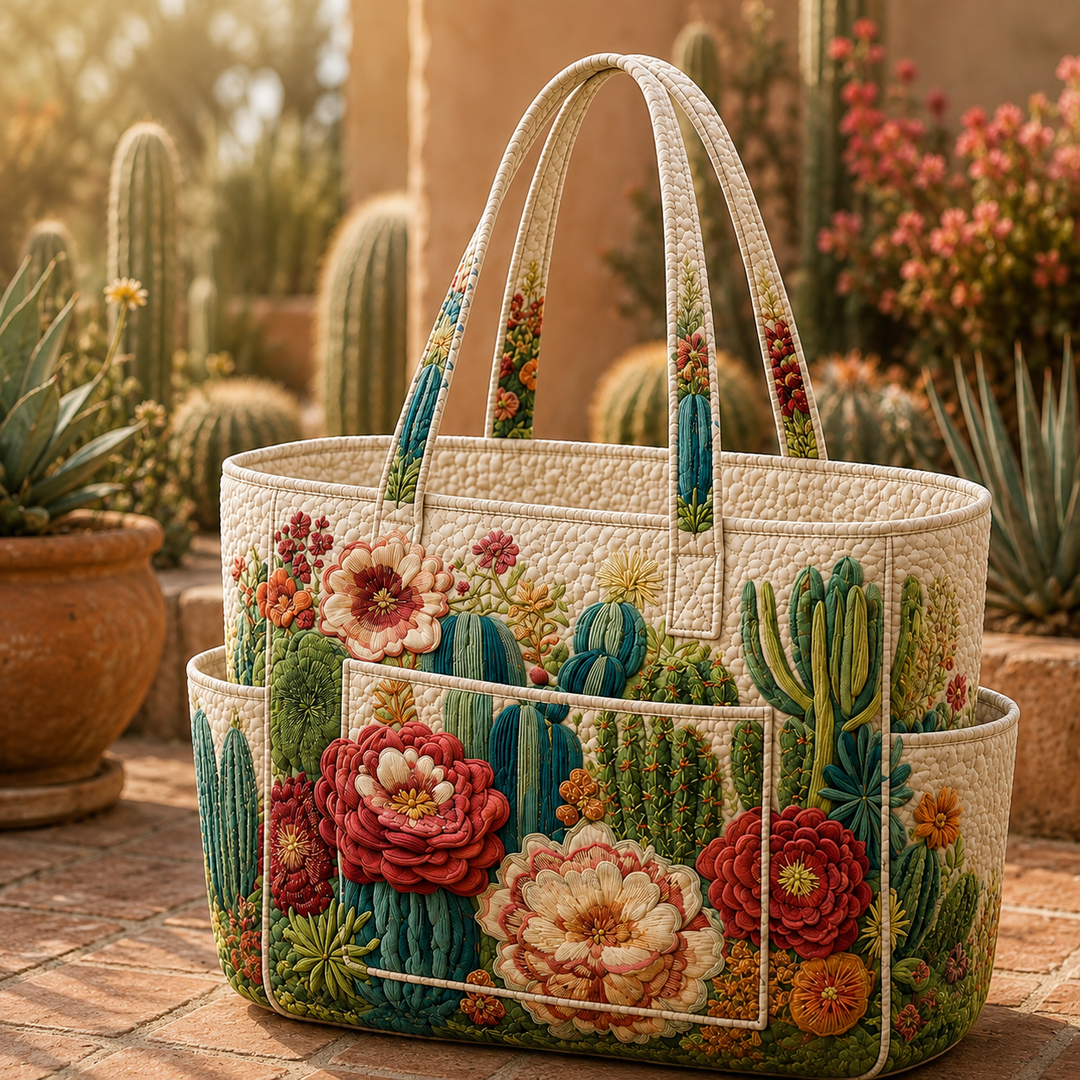 Borsa a spalla trapuntata con cactus fioriti