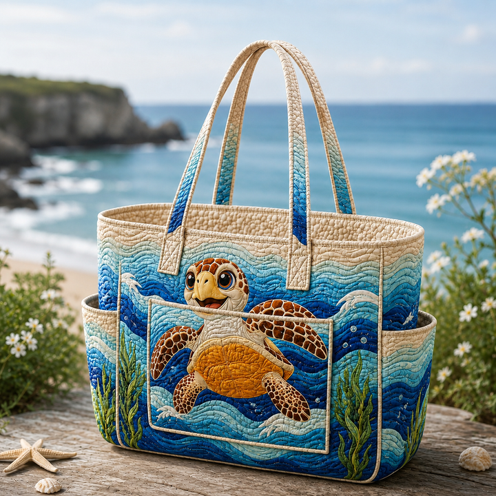 Borsa a spalla trapuntata con stampa di tartaruga marina