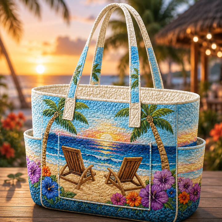 Borsa a spalla trapuntata con isola tropicale e palme