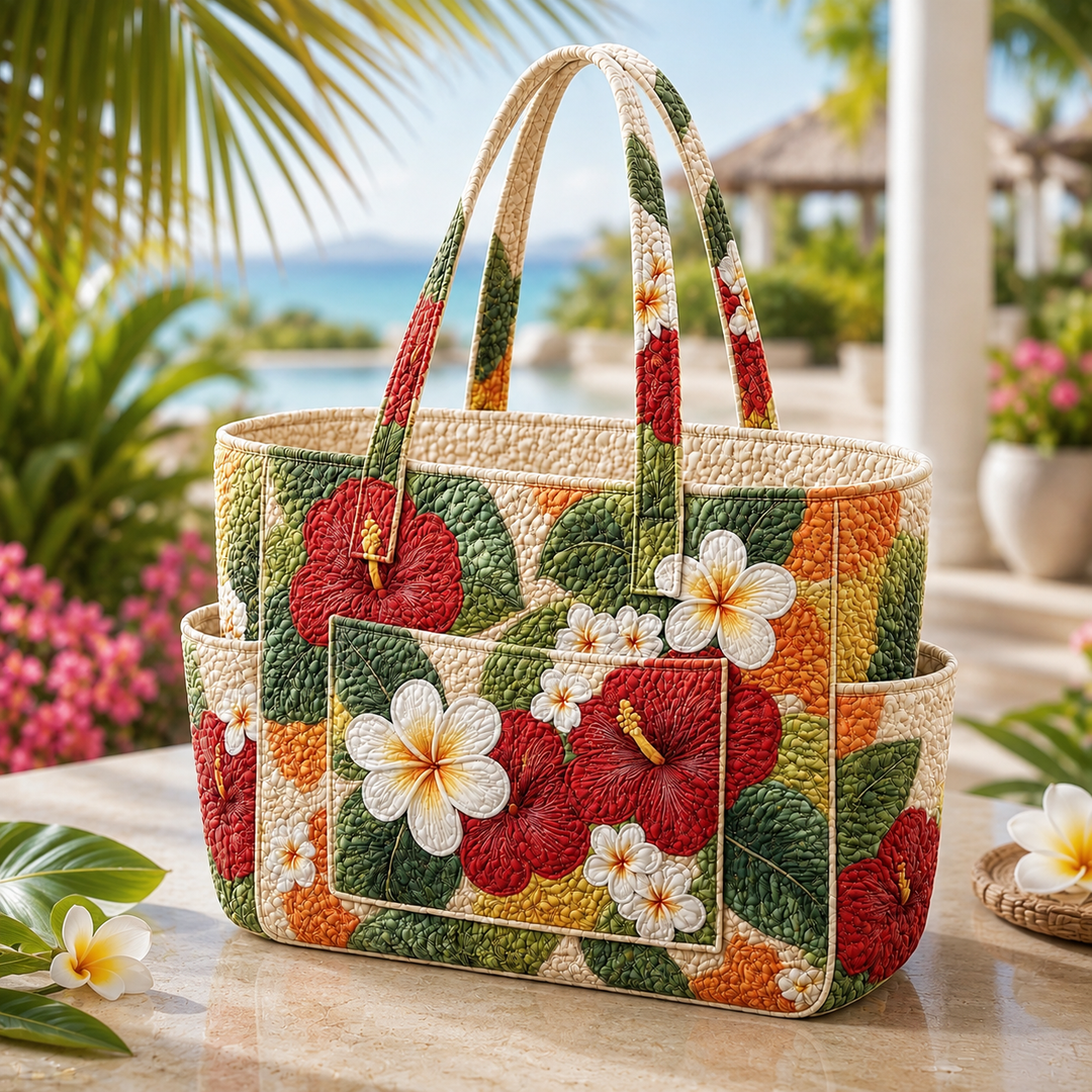Borsa a mano trapuntata con ibisco al tramonto