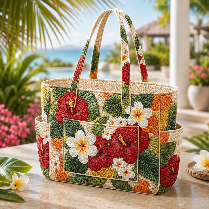 Borsa a mano trapuntata con ibisco al tramonto