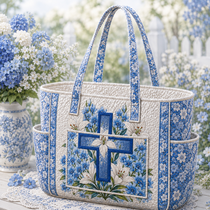 Borsa shopper trapuntata con motivo cristiano