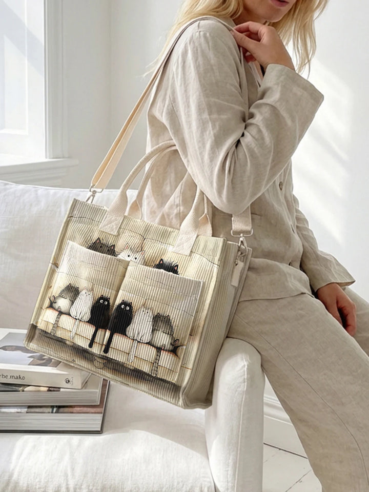 Sac à main en velours côtelé beige avec imprimé de chats, grande capacité et plusieurs poches pour les trajets domicile-travail