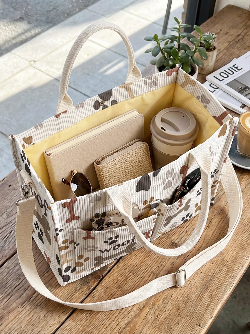 Sac en velours côtelé beige avec imprimé pattes de chien et os, grande capacité, plusieurs poches, sac à bandoulière pour le travail