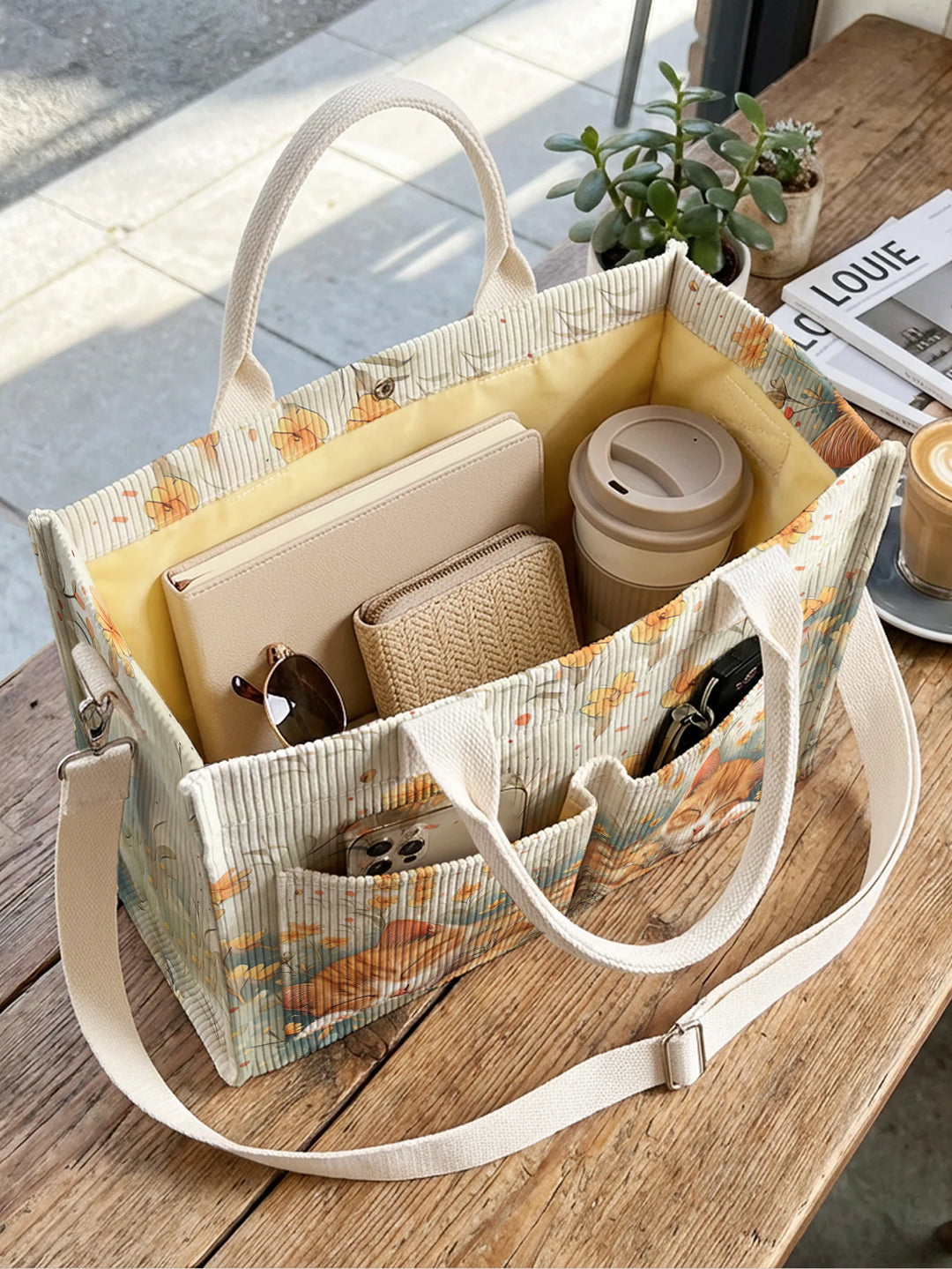 Sac à main en velours côtelé avec impression de fleurs de chat orange endormi, grand sac à bandoulière avec plusieurs poches