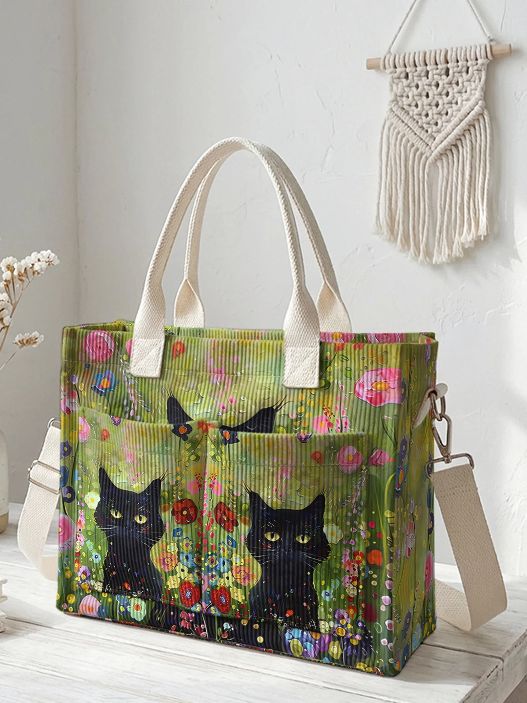 Sac à main en velours côtelé avec impression de chats noirs, jardin de fleurs colorées, grande capacité, sac à bandoulière multi-poches pour les amoureux des chats
