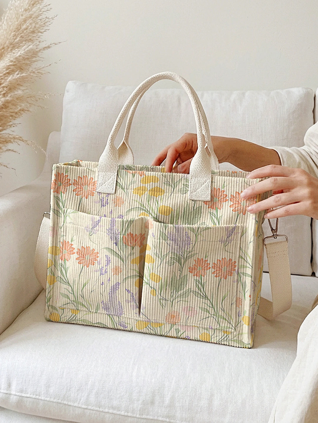 Sac fourre-tout en velours côtelé imprimé de marguerite sauvage Lavande Grande capacité Sac à bandoulière de commutateur avec plusieurs poches