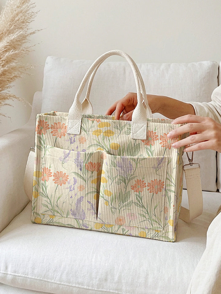 Sac fourre-tout en velours côtelé imprimé de marguerite sauvage Lavande Grande capacité Sac à bandoulière de commutateur avec plusieurs poches
