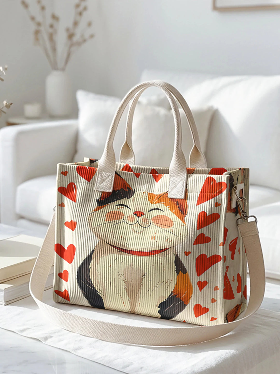 Sac en velours côtelé avec imprimé de chat porte-bonheur et grande capacité, avec plusieurs poches pour les trajets domicile-travail