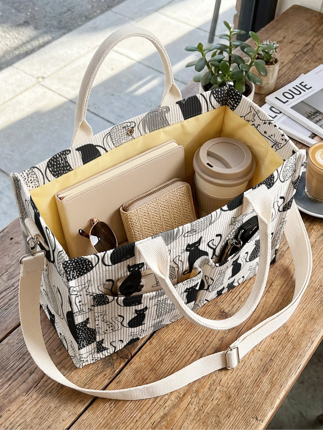 Impression collage de chats noir et blanc sac en corduroy grande capacité multi-poches sac à bandoulière pour amoureux des chats