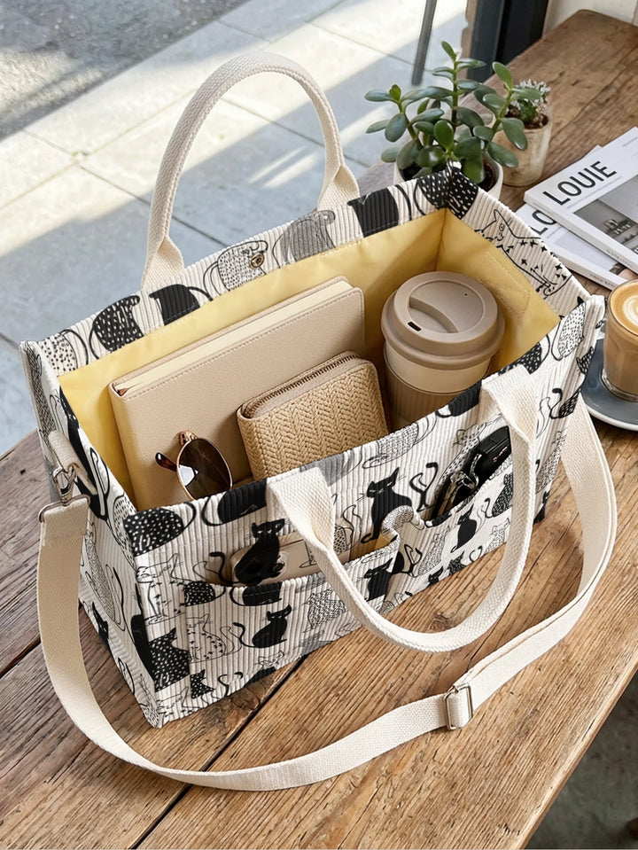 Impression collage de chats noir et blanc sac en corduroy grande capacité multi-poches sac à bandoulière pour amoureux des chats