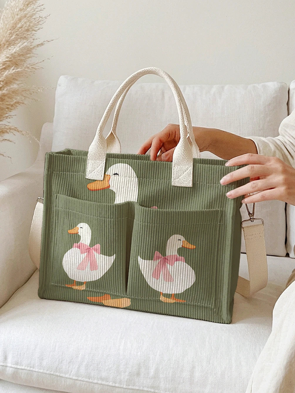 Sac à dos en velours côtelé vert avec imprimé canard, grande capacité et plusieurs poches pour les trajets domicile-travail