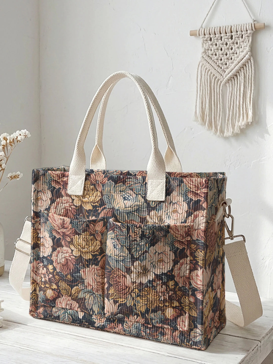 Sac en velours côtelé vintage avec imprimé floral, grande capacité, sac à bandoulière avec plusieurs poches