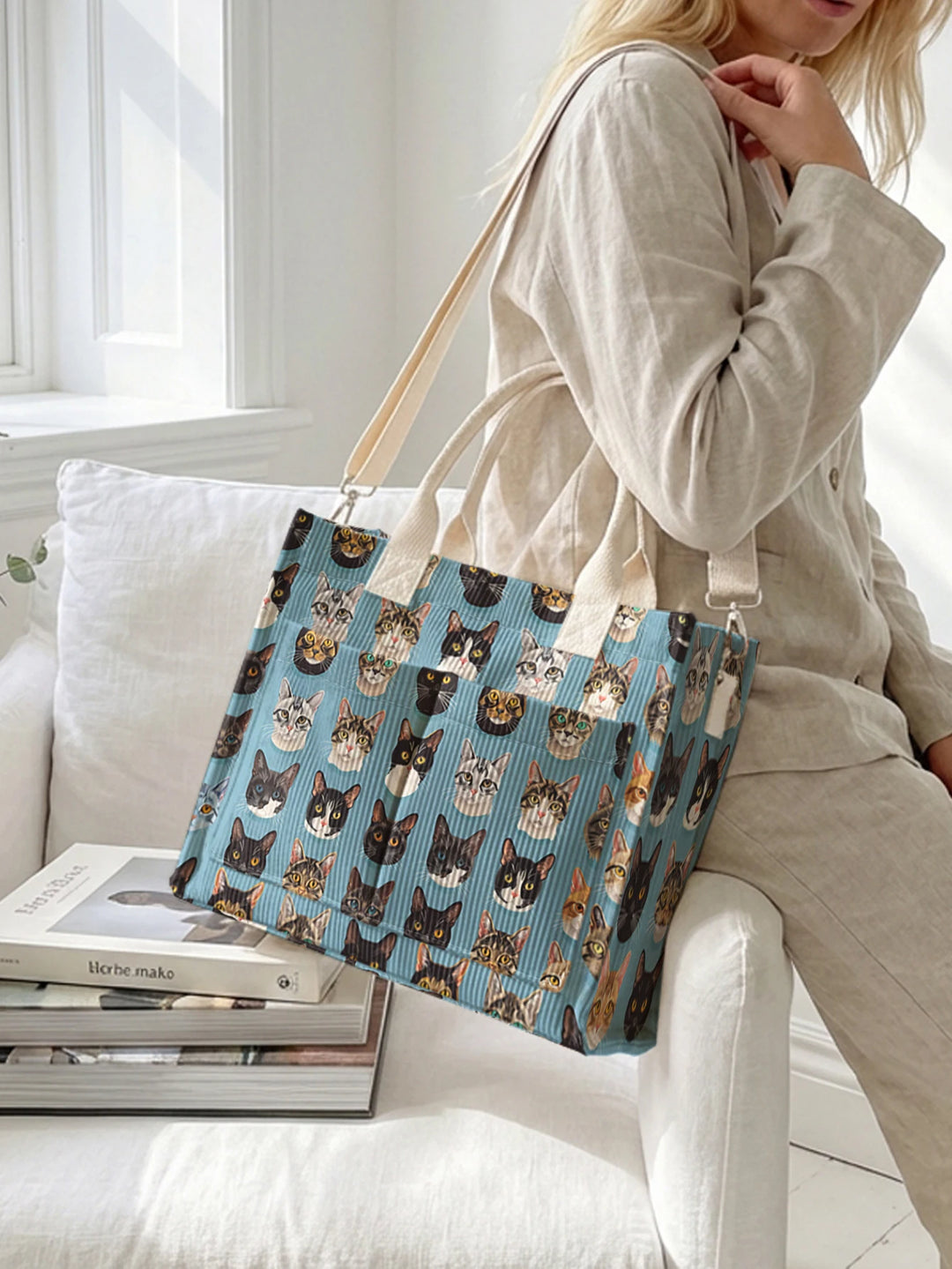 Sac à bandoulière en velours côtelé avec imprimé visages de chats bleus, grande capacité et plusieurs poches, sac de transport pour amoureux des chats