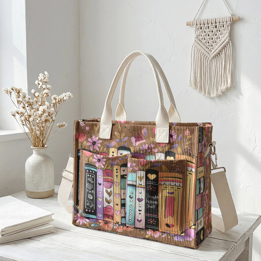 Sac à bandoulière en velours côtelé avec impression de livres et de fleurs, grande capacité, sac à main avec plusieurs poches
