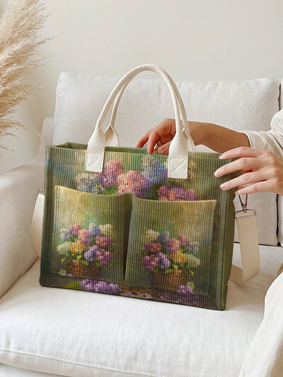 Sac à bandoulière en velours côtelé avec impression de fleurs d'hortensia vintage, grande capacité, multi-poches, pour les amateurs d'art et les navetteurs