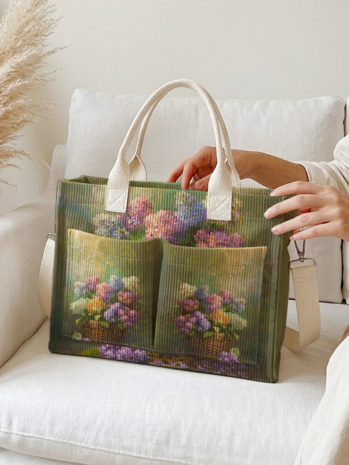 Sac à bandoulière en velours côtelé avec impression de fleurs d'hortensia vintage, grande capacité, multi-poches, pour les amateurs d'art et les navetteurs