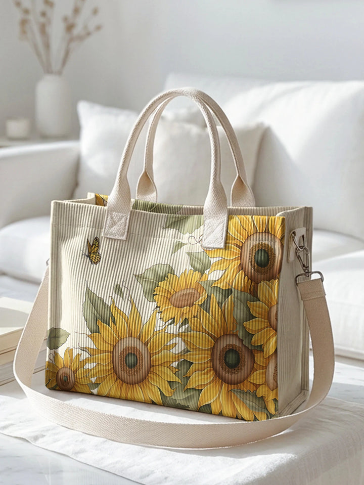 Sac en velours côtelé vintage avec impression de tournesol et de papillon, grande capacité, sac à bandoulière avec plusieurs poches